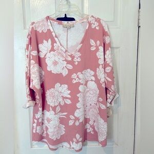 NWOT “Misia” Pink With White Floral Design Knit Top